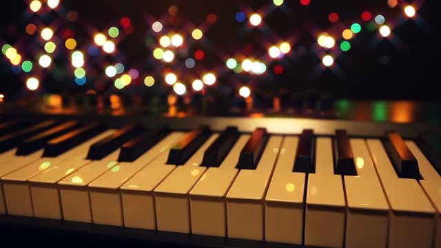 Hands playing the synthesizer close-up, nightlife. Keyboard Musical Instruments, Electronic Music.