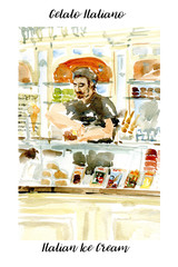 Confectioner smiling guy selling Italian gelato ice cream in the gelateria store. Watercolor illustration