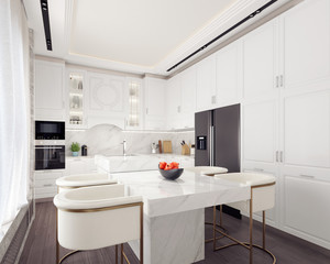 Modern white kitchen interior design 3D Rendering