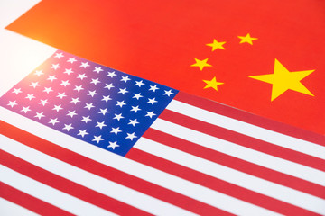 United states of America flag and flag on white background. USA and China trade tariff war concept. 