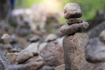 Fototapeta na wymiar Closeup of balancing rock stack pyramid for mediation and harmony concept. Zen-like image.