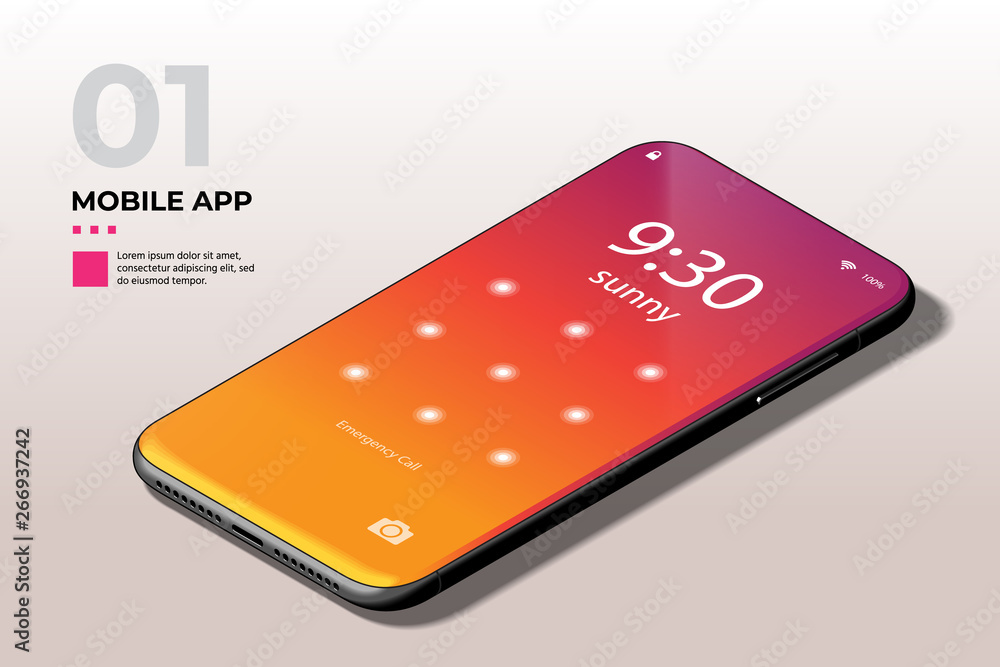 Poster modern mobile cell phone with lock screen ui, ux and gui template in trendy orange, red, purple grad