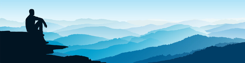 Man looking at the mountains. Flat mountain  landscape. Morning in the mountains. Tourism and travelling. Vector flat design