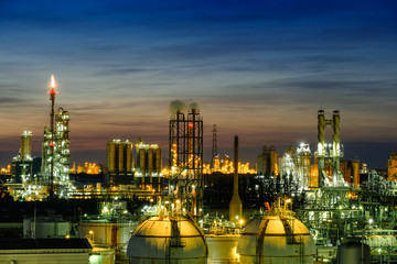 Gas storage sphere tanks in petrochemical industry or oil and gas refinery plant on twilight sky background, Manufacturing of petroleum industrial