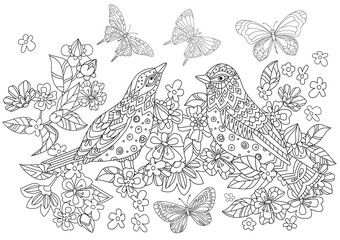 couple of birds in spring flowers and butterflies for your color