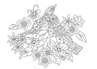cute couple of birds in fancy flowers for your coloring book