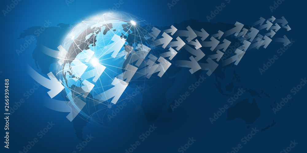 Poster global networks and trading design with arrows and earth globe - vector template for your business