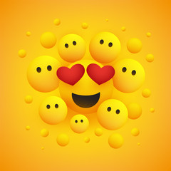 Various Smiling Happy Yellow Emoticons with Heart Shaped Eyes in Front of a Yellow Background, Vector Design, Concept Illustration 