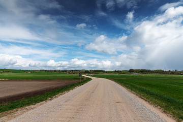 Fototapeta na wymiar Gravel rural road in countryside.