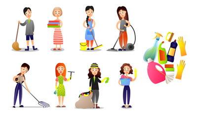 Fototapeta premium Set of different people make cleaning using house tools