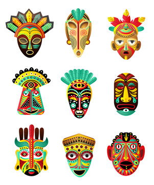 Set of colorful ethnic, african, mexican mask, ritual element