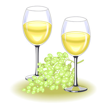 Two beautiful crystal glasses with delicious white wine. A ripe bunch of grapes. Decoration of the festive table. Vector illustration