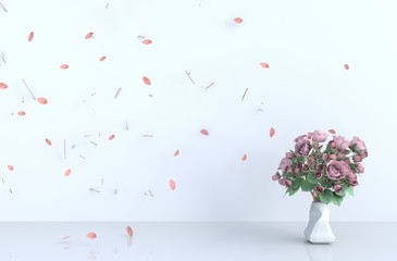 White room background decor with blow pink leaves, branch, rose. 3d render. For valentine day and love day.