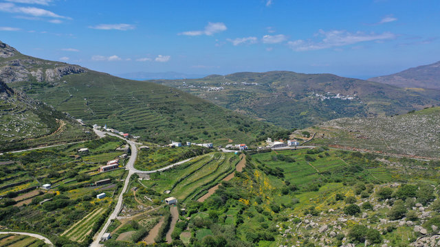 Aerial drone photo of Lunar landscape with big round granite stones a unique geological phenomenon in Volax village, Tinos island, Cyclades, Greece