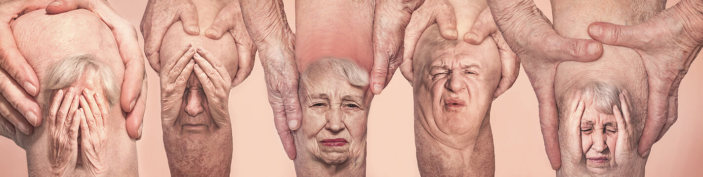Senior men holding the knee with pain. Collage. Concept of abstract pain and despair.