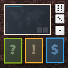 Board Games kit with dice, playing cards and map. Hand draw doodle background. Vector illustration.