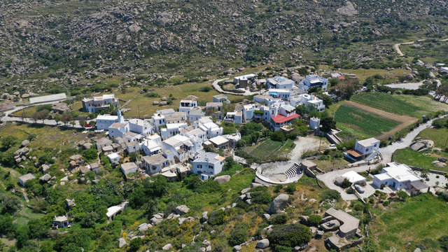 Aerial drone photo of Lunar landscape with big round granite stones a unique geological phenomenon in Volax village, Tinos island, Cyclades, Greece