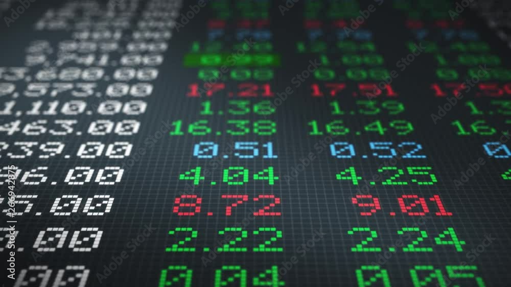Poster stock market data scrolling on display (3d render)