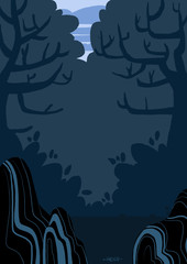 Ilustración de bosque tenebroso oscuro mágico. Fondo en tonos azules y negros.