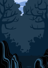 Fototapeta premium Ilustración de bosque tenebroso oscuro mágico. Fondo en tonos azules y negros.