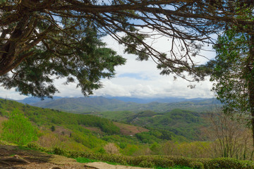 Obraz premium scenic view on mountains,green hills and cloudy sky through trees branches