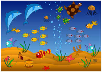 Naklejka na ściany i meble Sea fishes, turtles and shells in the sea are cheerful inhabitants of the tender sea