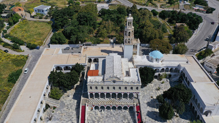 Aerial drone panoramic photo of iconic orthodox church of Lady of Tinos island or Church of Panagia Megalochari (Virgin Mary), Cyclades, Greece