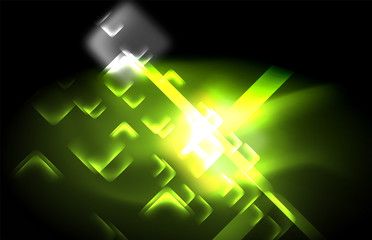 Neon square and line lights on dark background with blurred effects