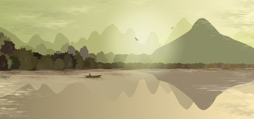 Mountain landscape in green and beige tones. Mountains, hills, forest, mountain lake or river, a lonely man in a boat fishes. Two birds fly over the mountains. Foggy morning. Outdoor recreation. 