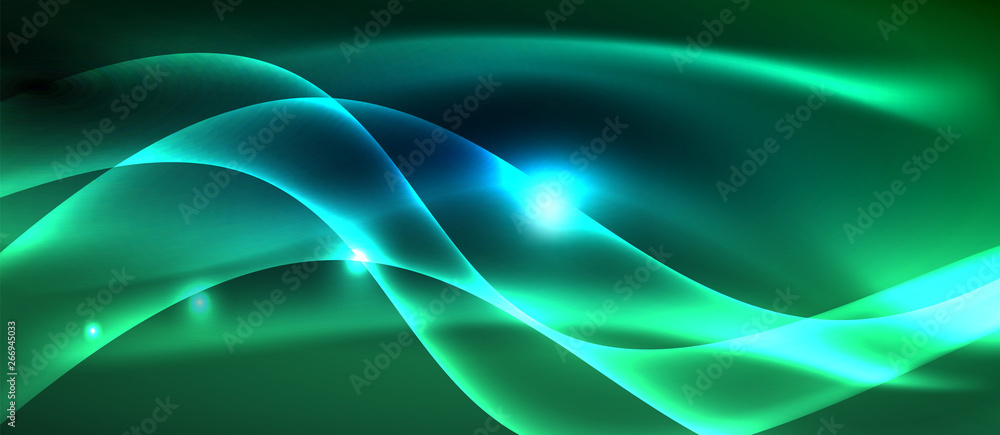 Poster glowing abstract wave on dark, shiny motion, magic space light. techno abstract background