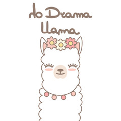cute cartoon lama alpaca with hand drawn lettering quote no drama llama vector card Illustration
