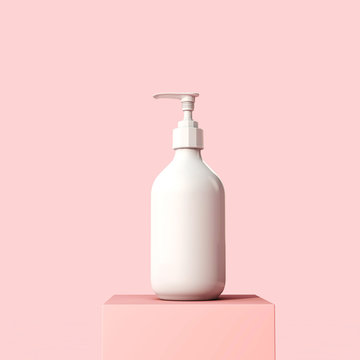 Blank White Cosmetic Skincare Makeup Bottle On Pastel Pink Background. 3D Render