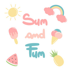 hand drawn lettering sun and fun quote vector illustration with summer elements