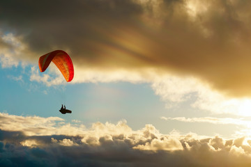 paraglider paragliding over the clouds at sunset