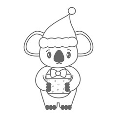 cute black and white cartoon koala with santa hat and gift box christmas vector illustration for coloring art