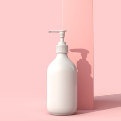 Blank white cosmetic skincare makeup bottle on pastel pink background. 3D Render