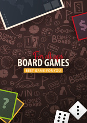 Board Games banner with dice,  playing cards and map. Hand draw doodle background. Vector illustration.