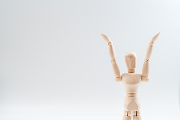 Raising Hands, Wooden dummy, Raising Hands on whiteBackground, copy space for your object or text