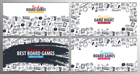 Set of Board Games banners. For all Ages. Hand draw doodle background. Vector illustration. - 266946407