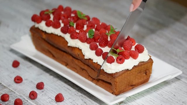 Homemade pound cake with raspberries filling