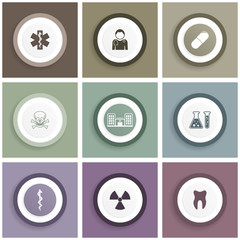Flat design medicine, health and hospital vector icons. Set of medical signs and symbols in eps 10.