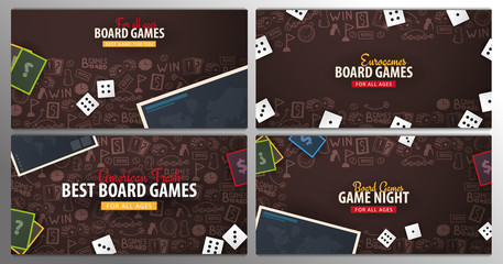 Set of Board Games banners with dice,  playing cards and map. Hand draw doodle background. Vector illustration.