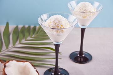 Coconut ice cream on the gray background with palm leaf and coconut