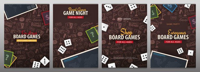 Set of Board Games banners with dice,  playing cards and map. Hand draw doodle background. Vector illustration. - 266948498