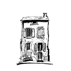 Ink sketch of buildings. Hand drawn illustration of Houses in the European Old town. Travel artwork. Black line drawing isolated on white background.