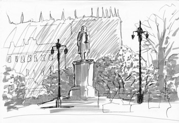Monument stand with lanterns in park. Street view postcard. Markers and liner technics. Graphic illustration. Hand drawn sketch. Black, white, gray colors.