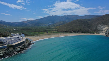 Fototapeta na wymiar Aerial drone photo of famous beach of Kolympithres with deep turquoise sea, Tinos island, Cyclades, Greece