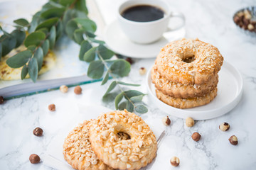 Homemade shortbread with nuts. Sand rings with nuts.