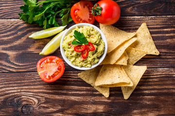 Avocado sauce guacamole with corn chips nachos