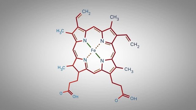 Structural chemical formula of Heme molecule animating in over white background